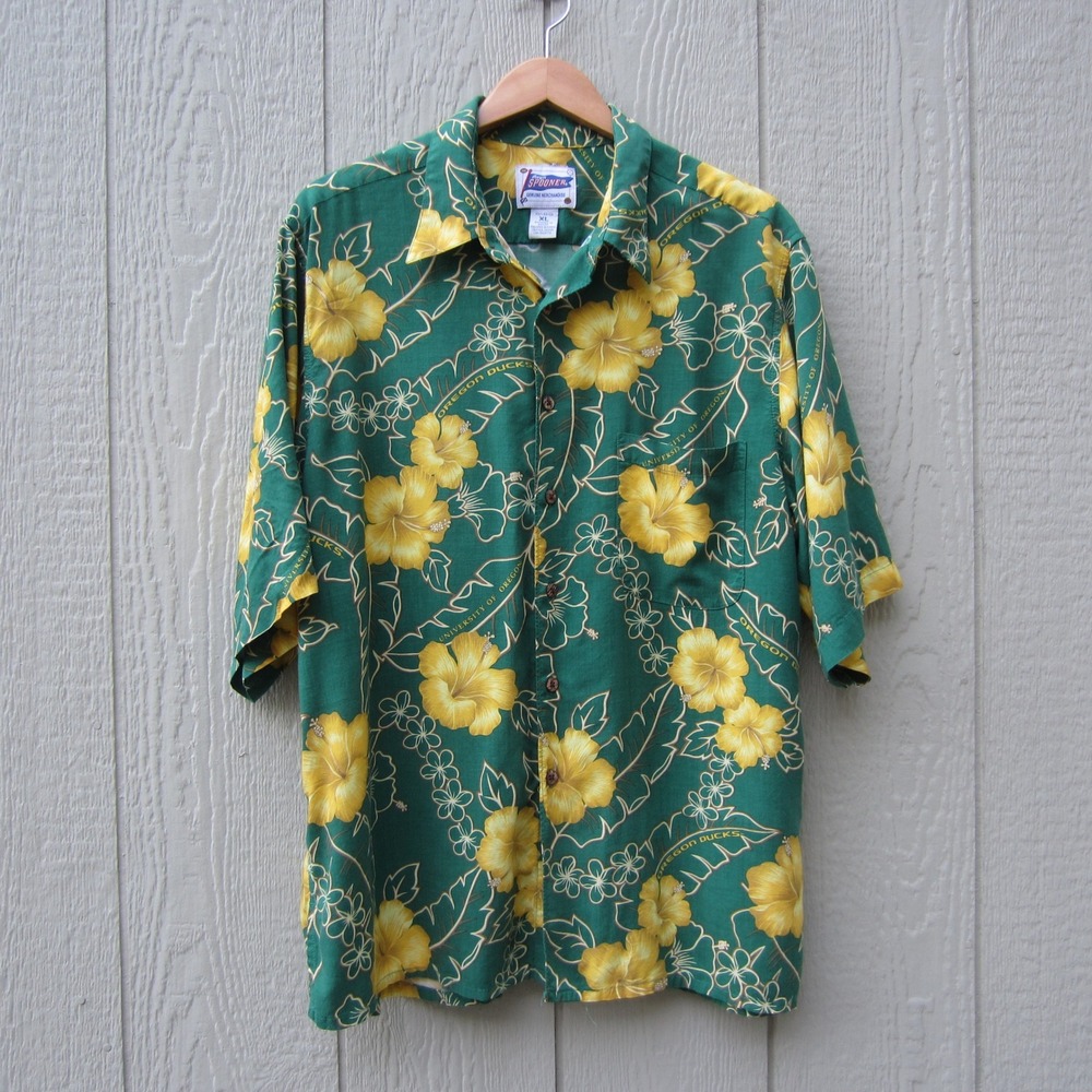 Reyn Spooner Oregon Ducks Hawaiian Shirt XL Green Yellow Floral Rayon Button Up